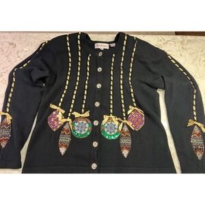 VTG Bechamel Christmas Ornament Cardigan Sweater Womens L Black Lambswool Angora